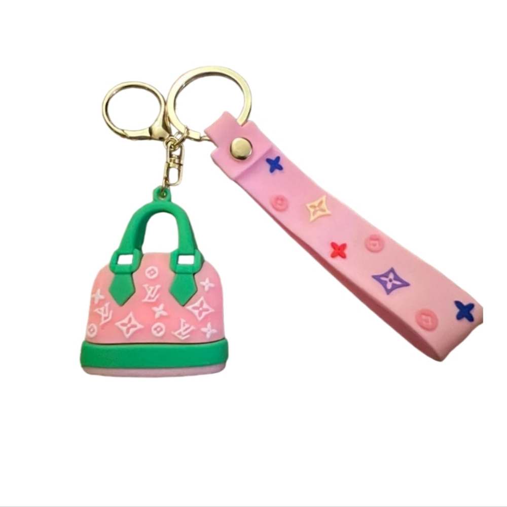 Keychain Fob with Wristlet Mini‎ Designer Bag, Green & Pink
